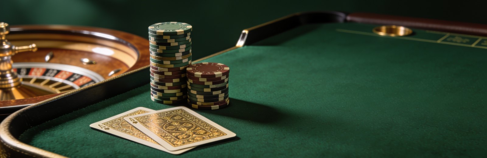 Casino table with chips, cards and a card on a casino table