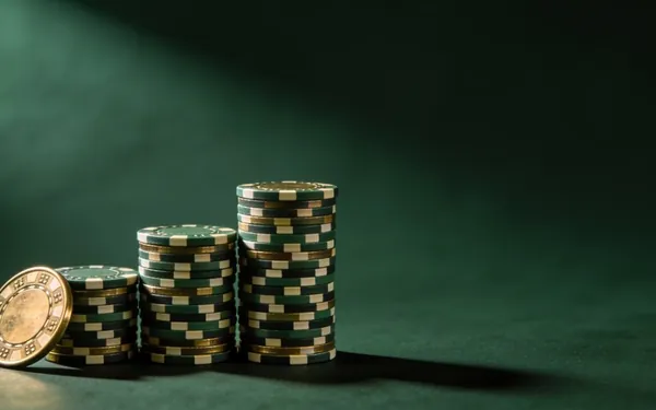 Gold coin and chip stacks on green baize