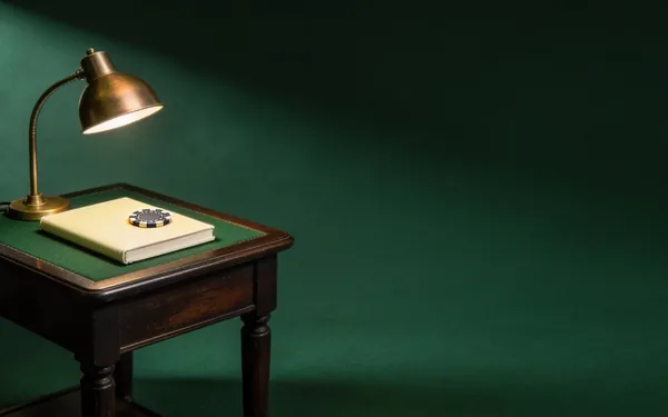 Desk lamp over a writing desk with a chip