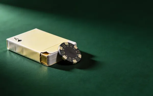 Sealed deck of cards with a chip on a green table