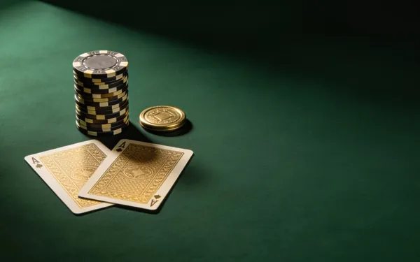 Two playing cards beside chip stacks