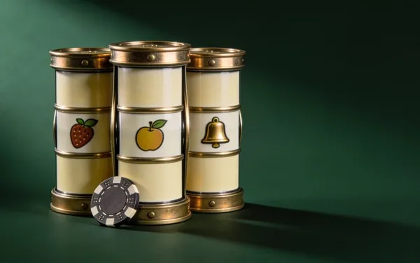 Three slot reels with fruit and bell symbols