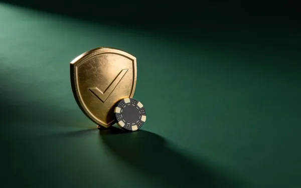 Gold shield with a tick beside a casino chip