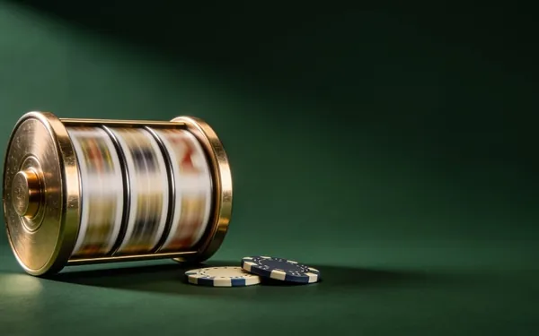 Spinning brass slot reel beside chips