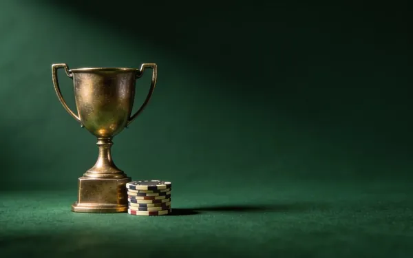 Gold trophy next to a stack of chips